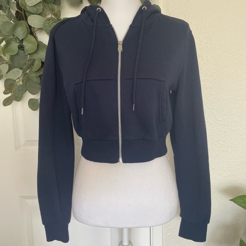 H&M Blue Cropped Boxy Hoodie Sweatshirt